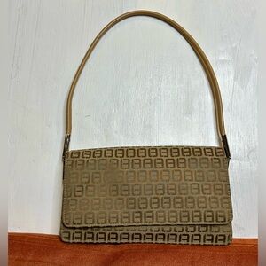 Vintage 90s Brown Monogram Shoulder Bag Jacquard Fabric Small Baguette Purse